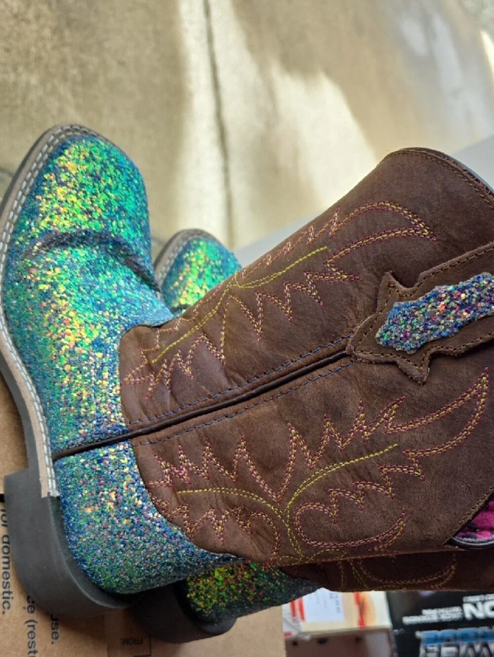 Super Cute,Kids Brown & Blue Glitter Smoky Mountain Western Boots